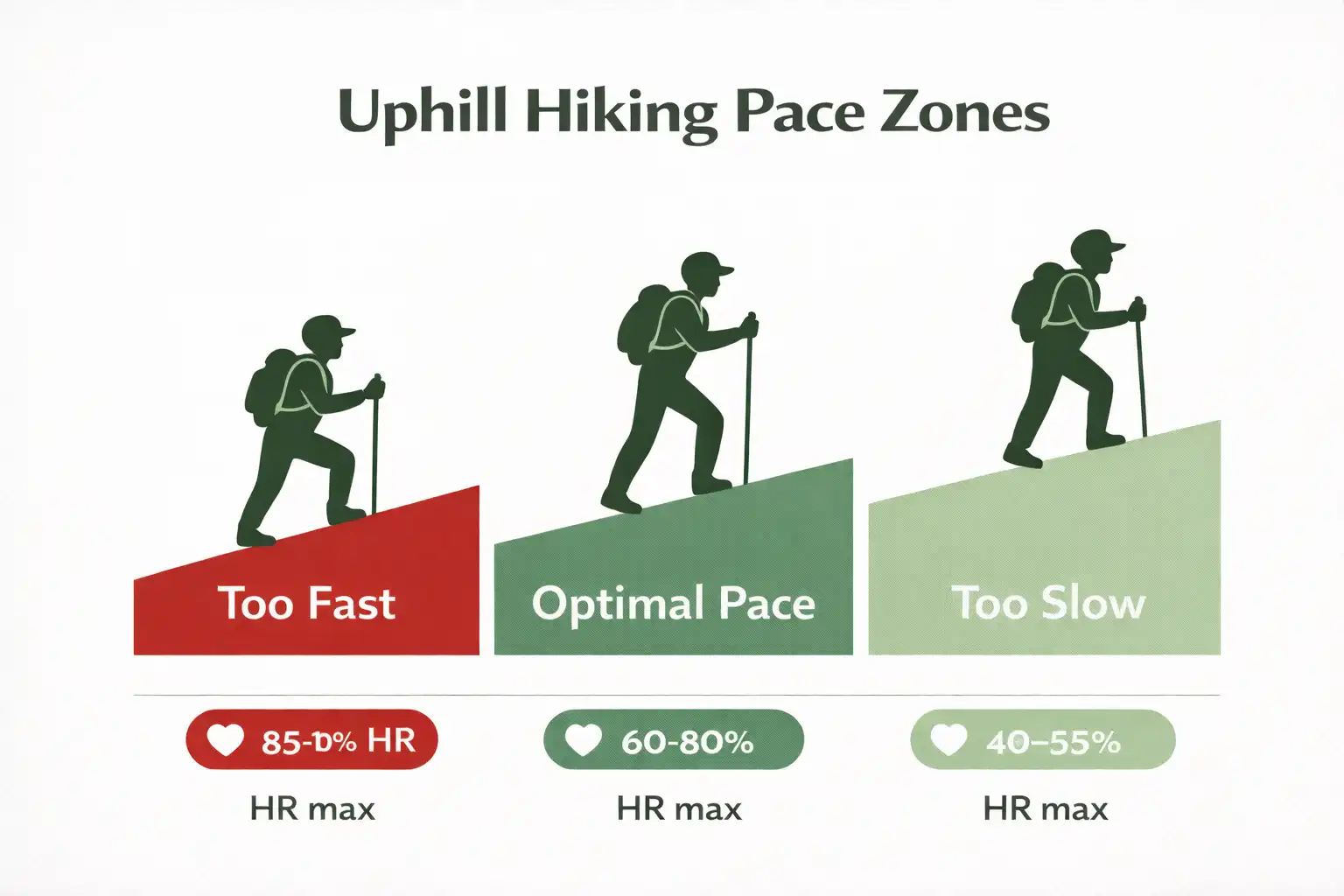 infographic showing three uphill hiking pace zones with heart rate ranges