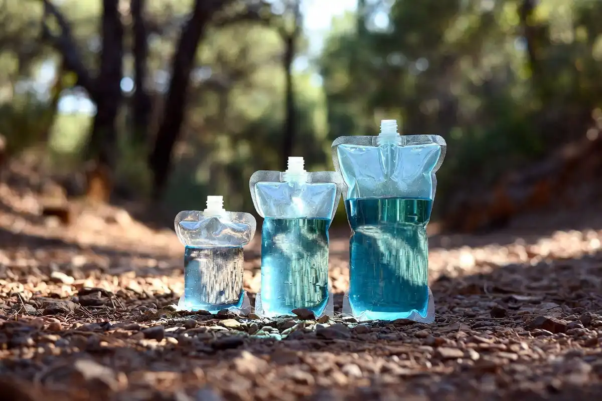 three foldable water bottles in 500ml 750ml and 1 liter sizes on a trail