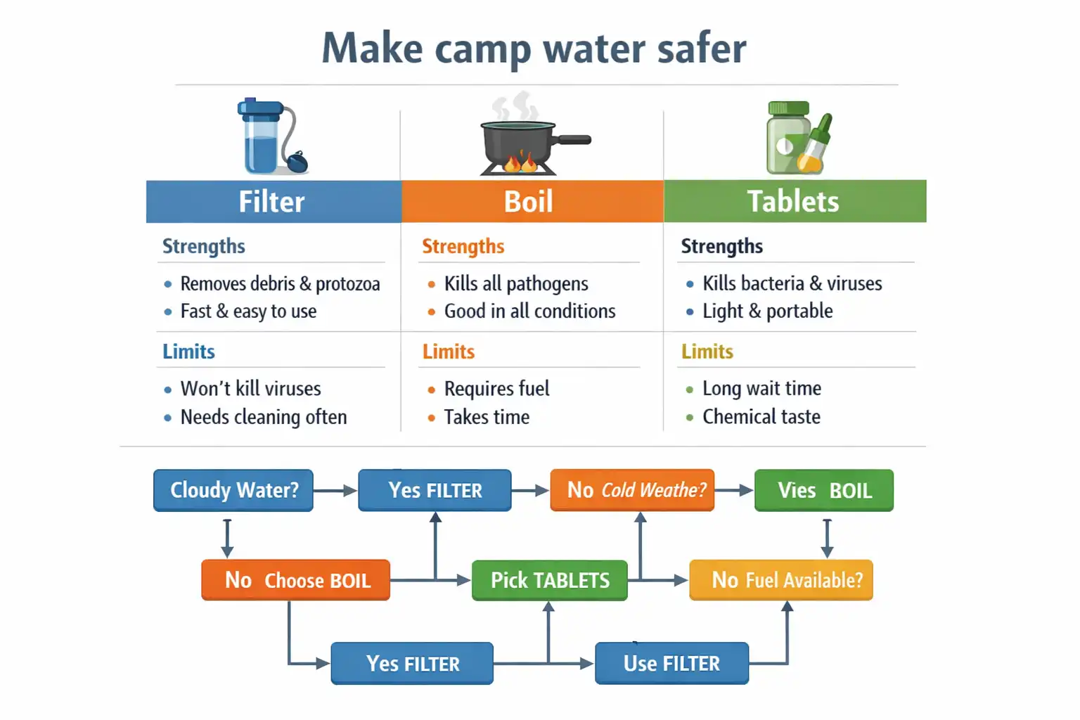 simple chart comparing filter boiling and tablets for campers