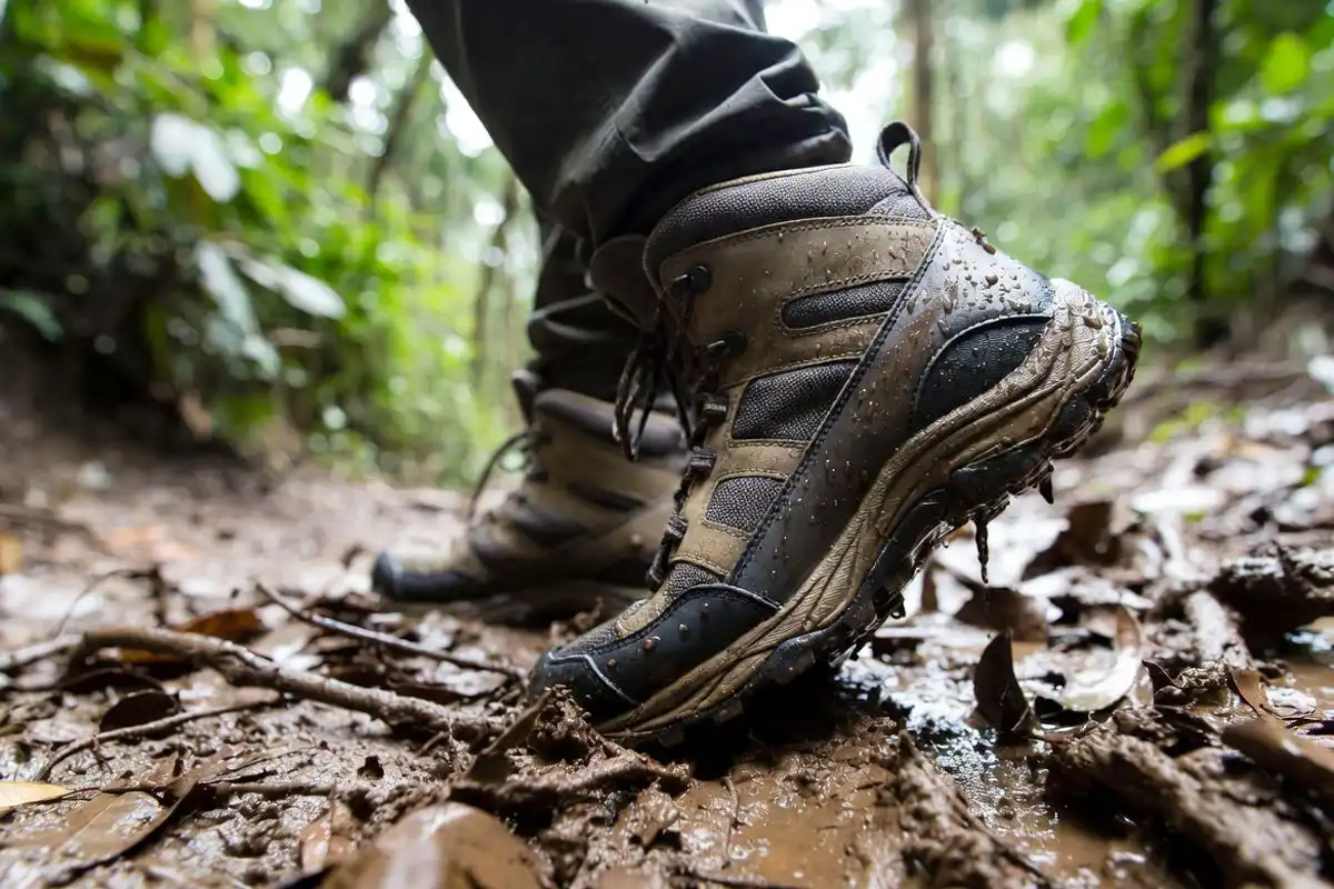 waterproof boots stepping on wet muddy hiking path