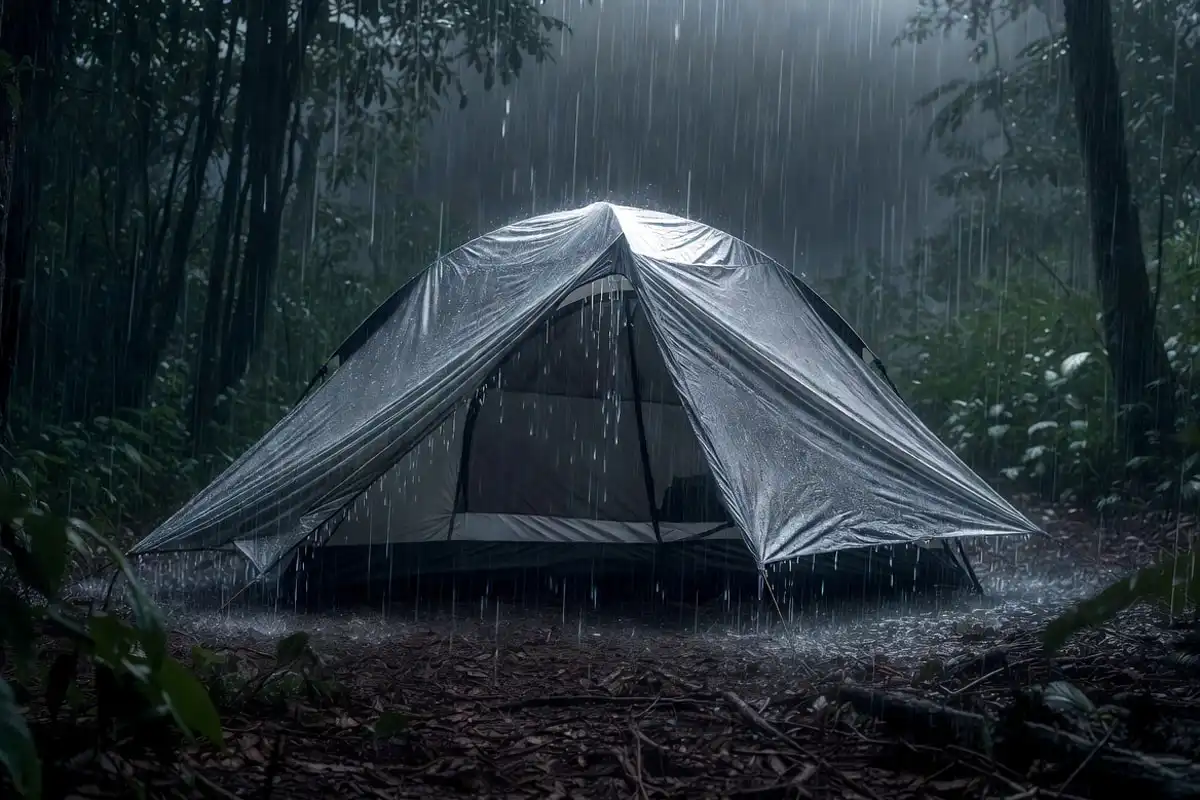 freestanding camping tent with full rainfly shedding water in heavy rain