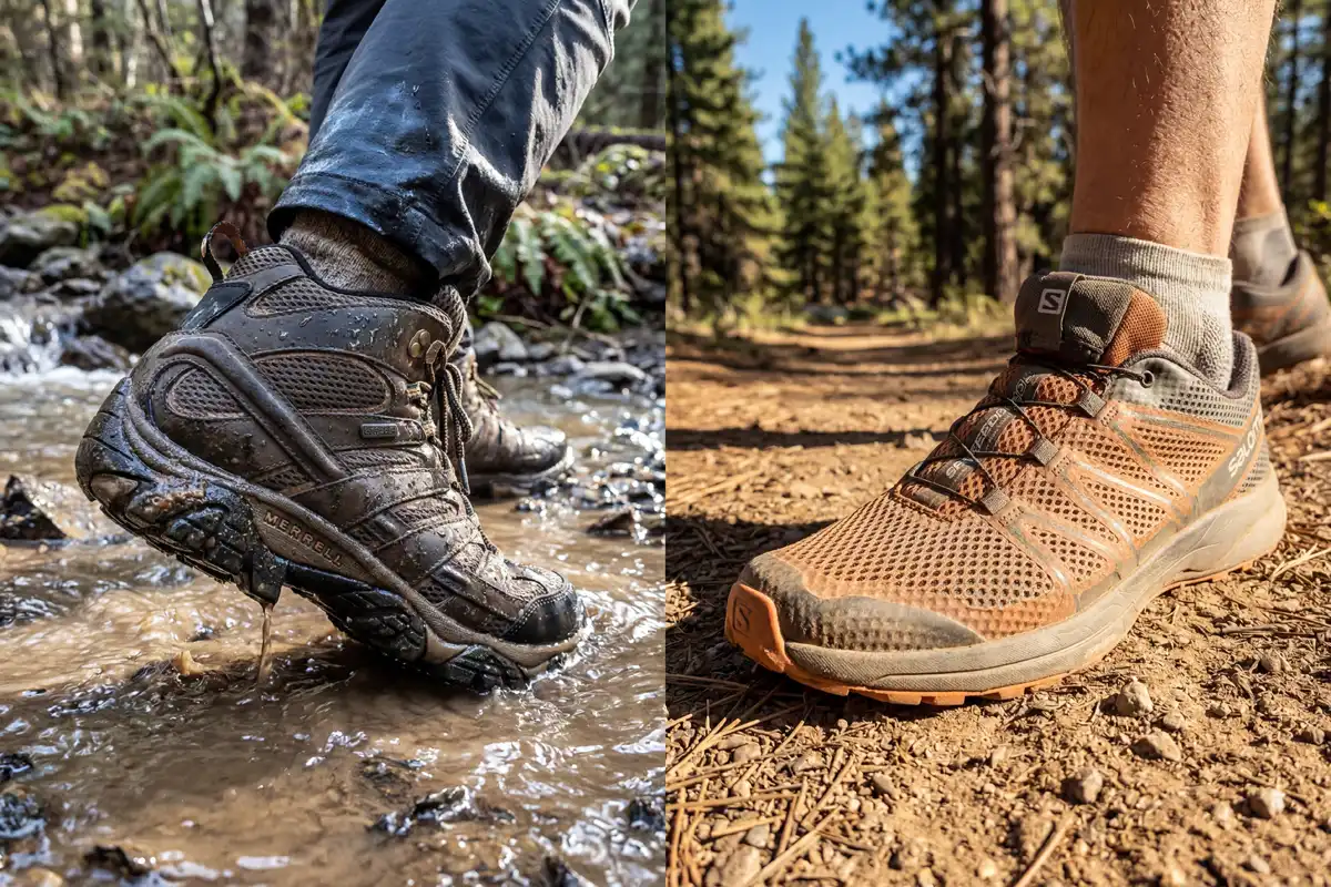 Waterproof Gore-Tex hiking shoe walking through stream