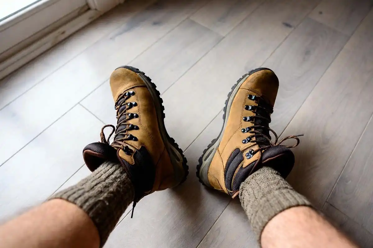 Hiker wearing stiff new hiking boots on wooden floor indoors