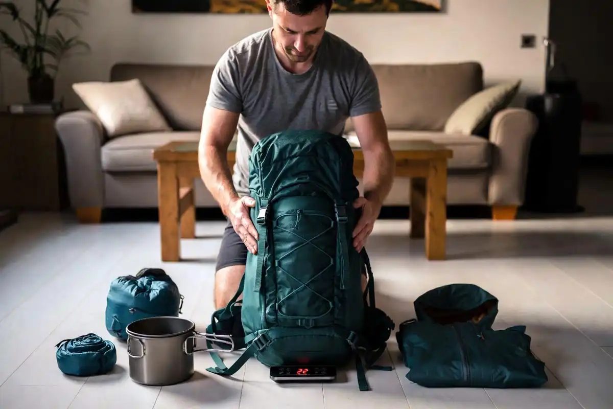 camper checking luggage weight on scale before airline check-in