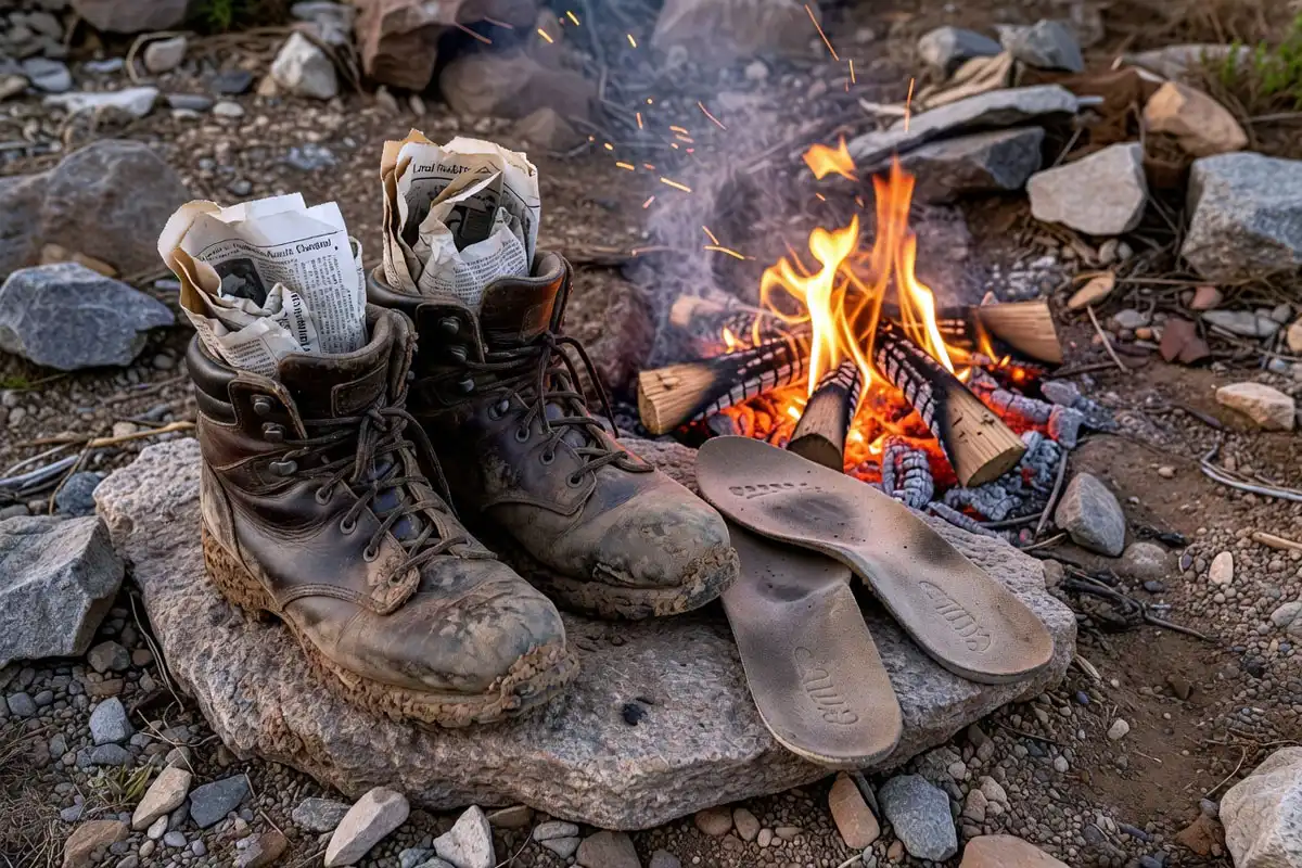 brown leather hiking boots stuffed with crumpled newspaper drying next to a campfire at camp