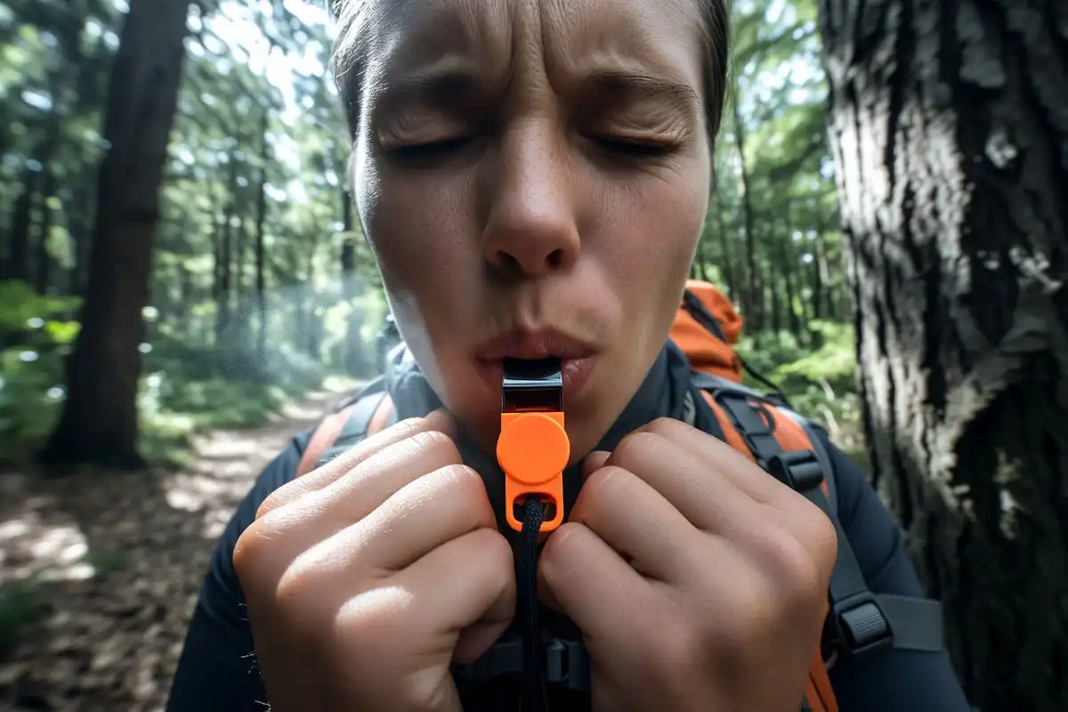 backpacker blowing a safety whistle on a forest trail