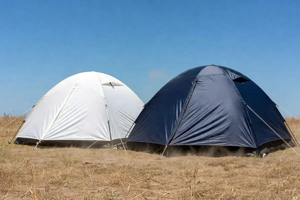 White camping tent next to dark navy tent under bright summer sunlight