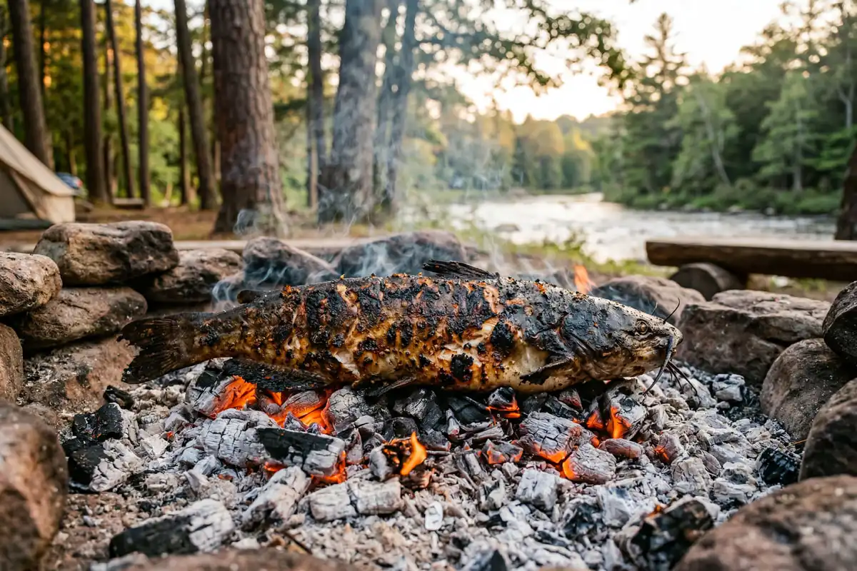 Skin on catfish placed directly on glowing gray white campfire embers at a riverside campsite