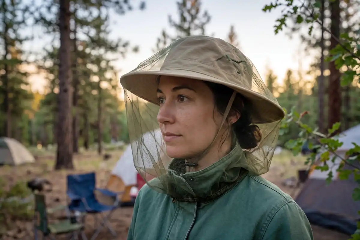 Wide brim sun hat holding mesh bug net away from face