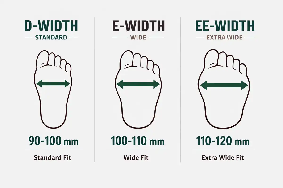 D width E width EE width hiking shoe sizing chart infographic