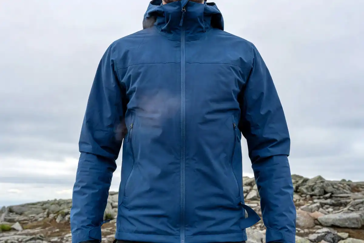 Hiker wearing blue hardshell windproof jacket on cold windy mountain trail