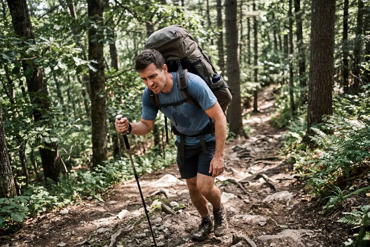hiker leaning forward under a poorly packed heavy backpack on a trail