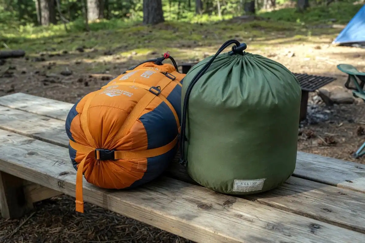 Compression sack with side straps next to a standard drawstring stuff sack