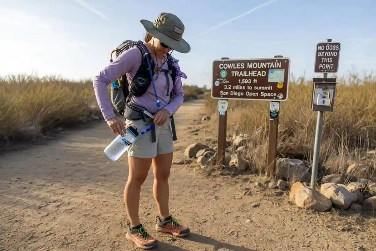 Hiker preparing water and gear at the Cowles Mountain trailhead