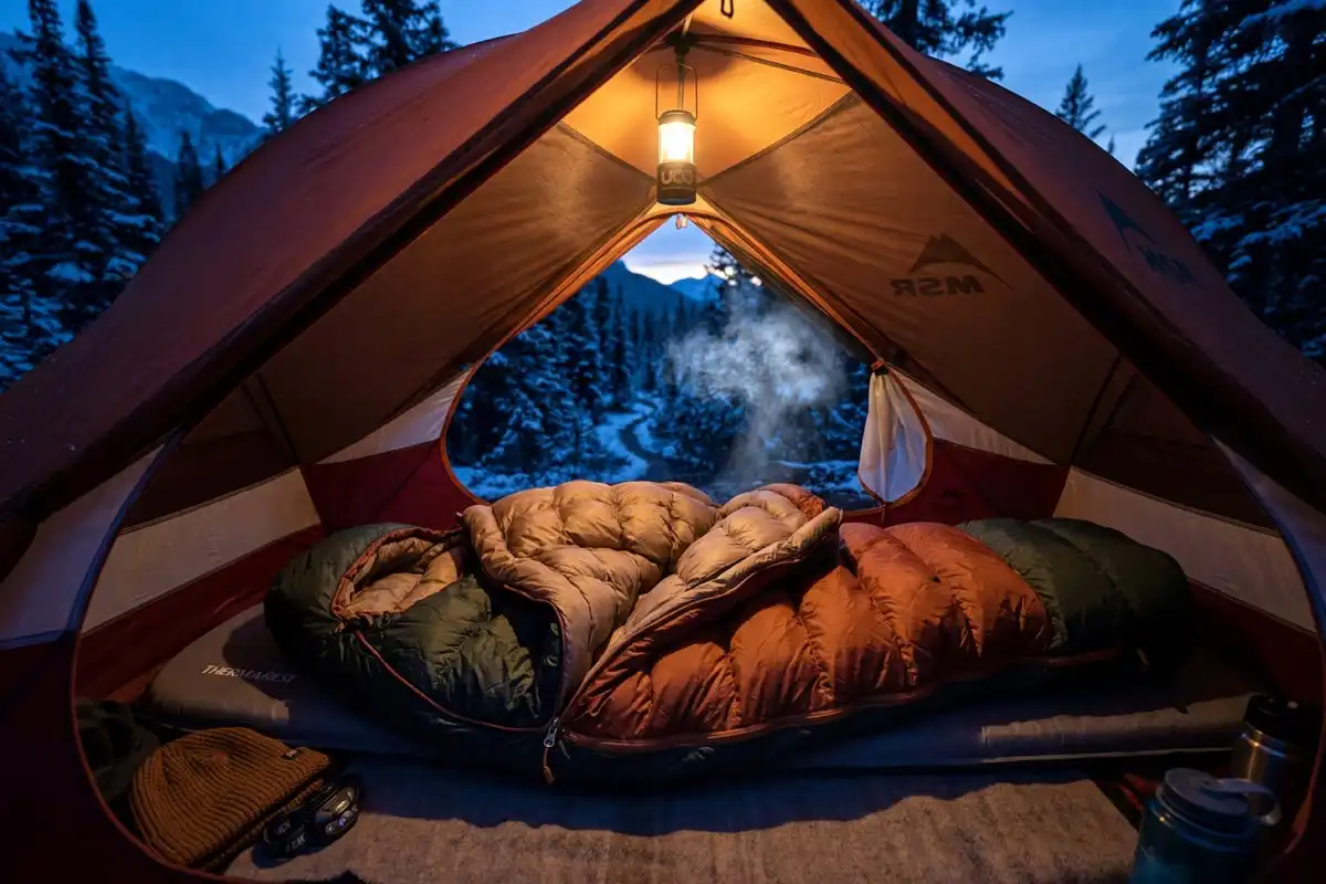 Warm sleeping bag inside a tent on a cold night