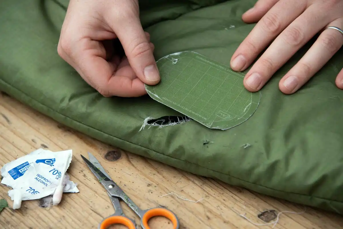Applying ripstop nylon repair tape on sleeping bag shell