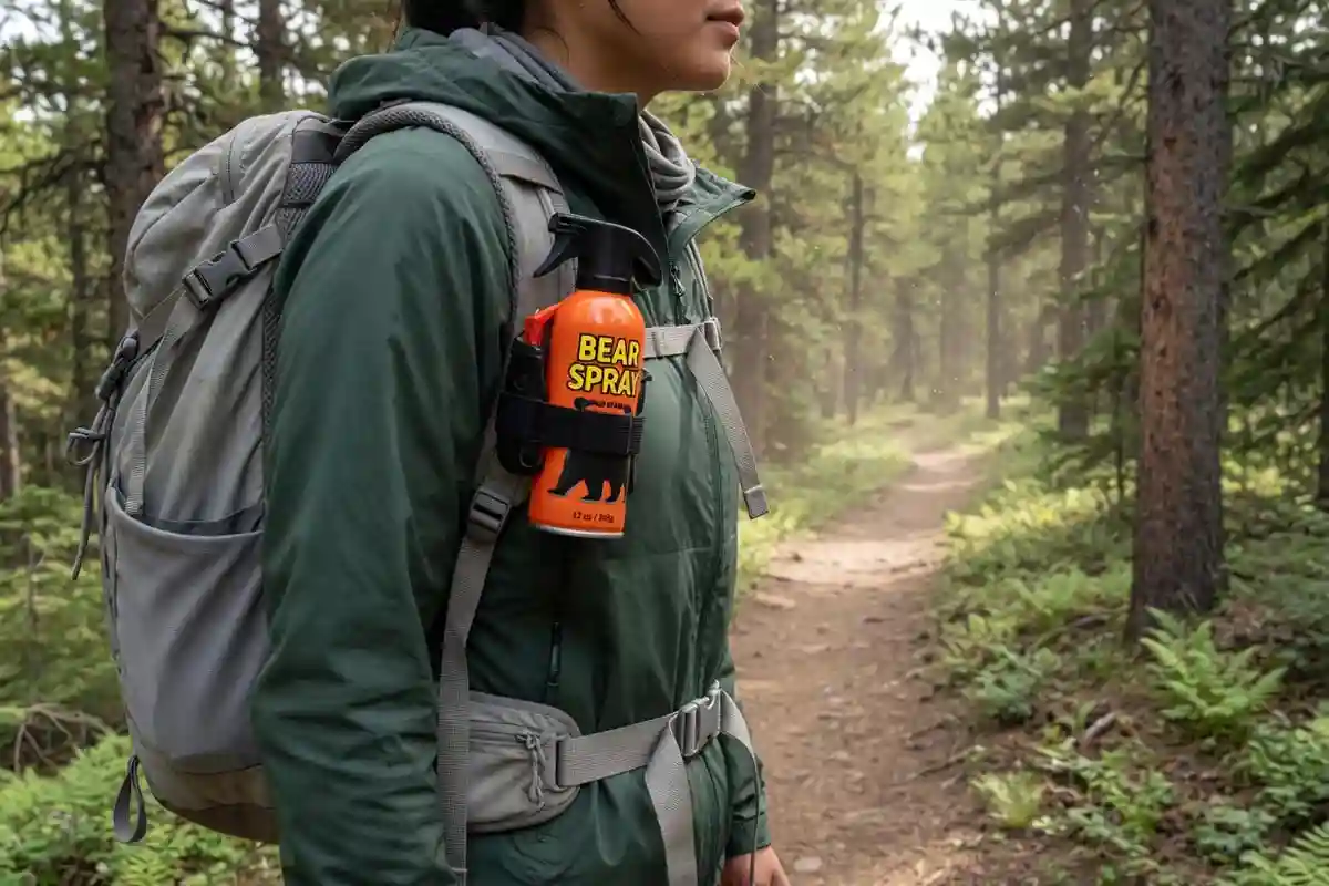 bear spray clipped to the shoulder strap of a hiking pack