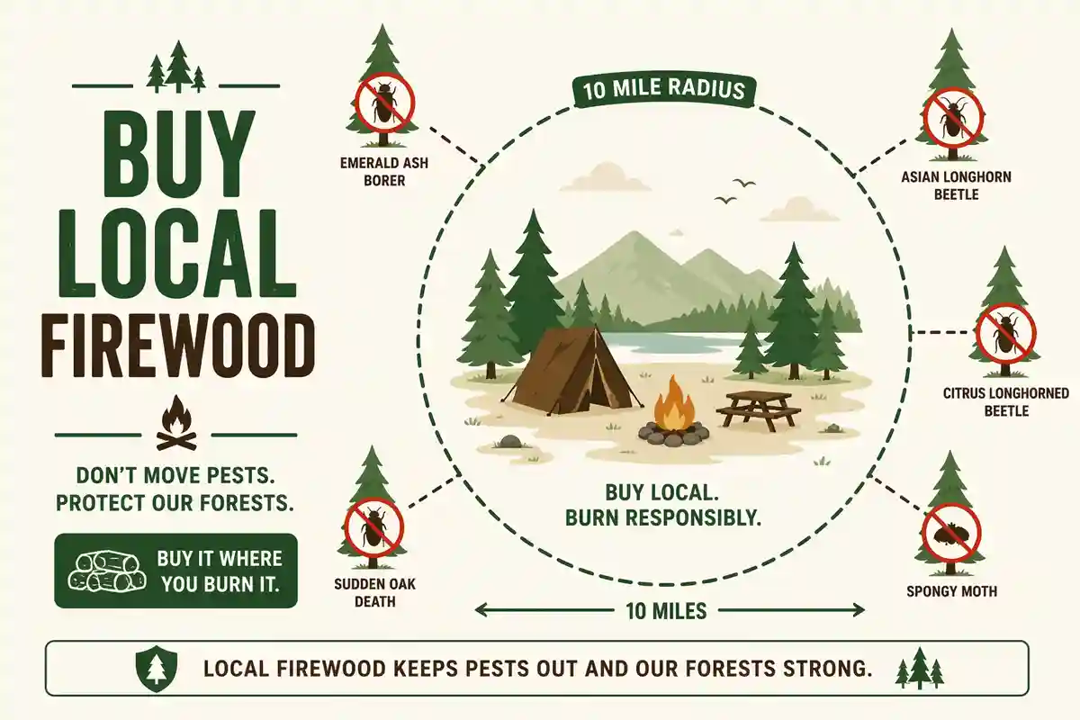 Infographic showing 10-mile local firewood sourcing radius