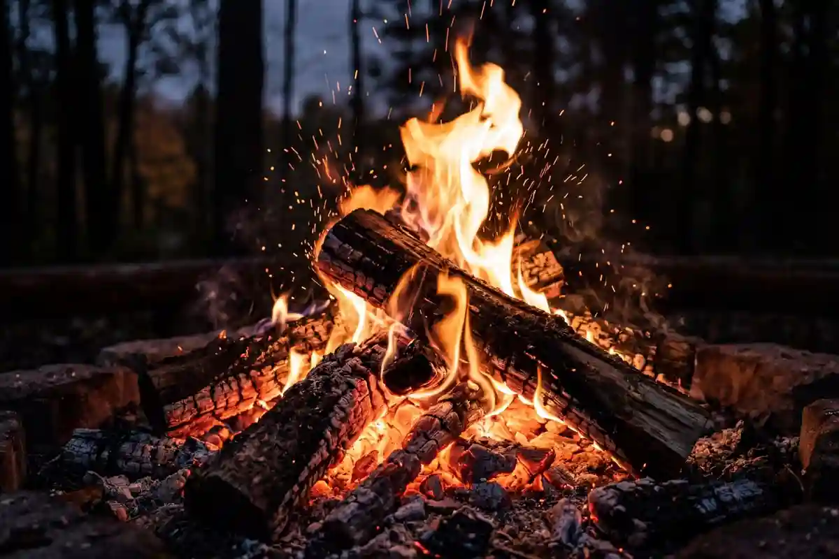 Three heat zones of a campfire from flame tips to coal bed
