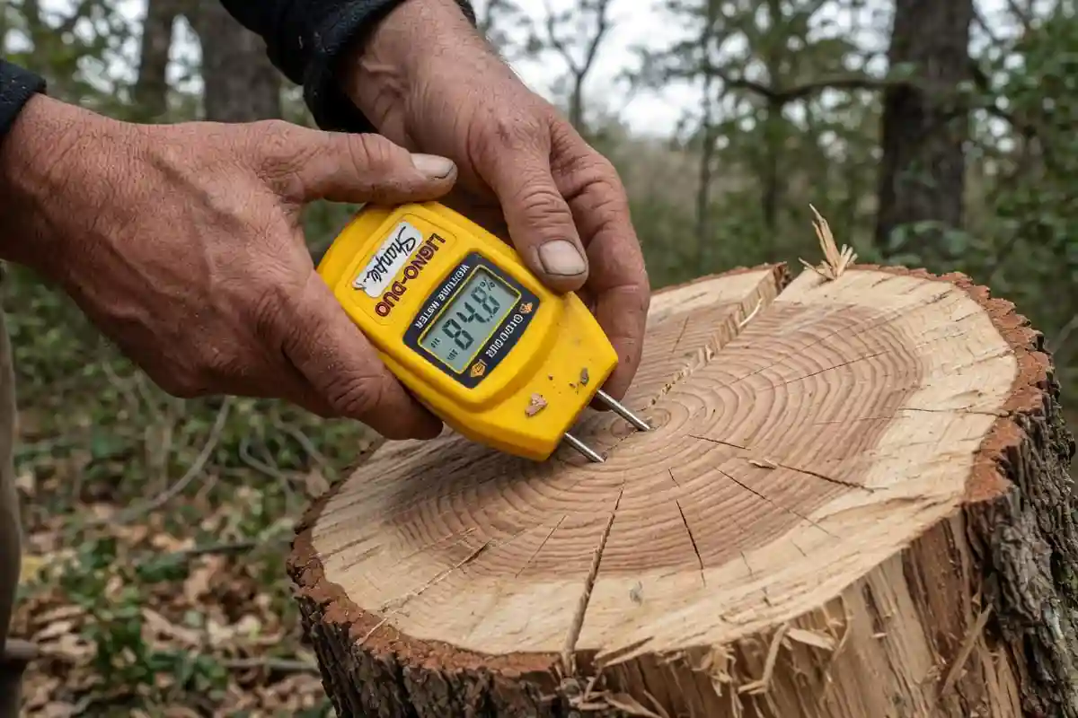 Hands using a moisture meter on a freshly split firewood log in the woods