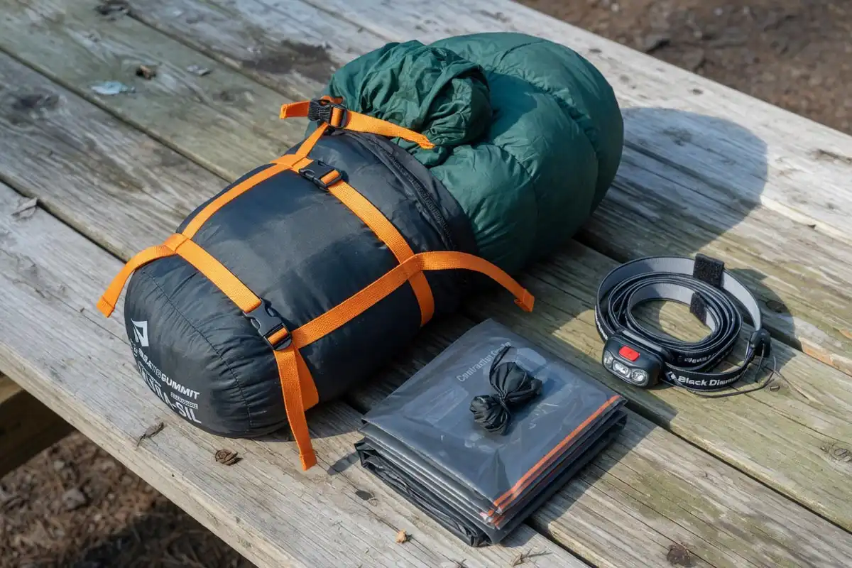 Down sleeping bag compressed inside a roll-top compression sack