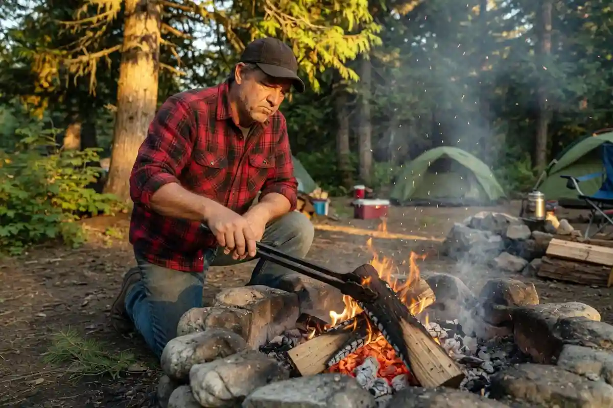 Camper adjusting burning logs with long tongs at fire pit