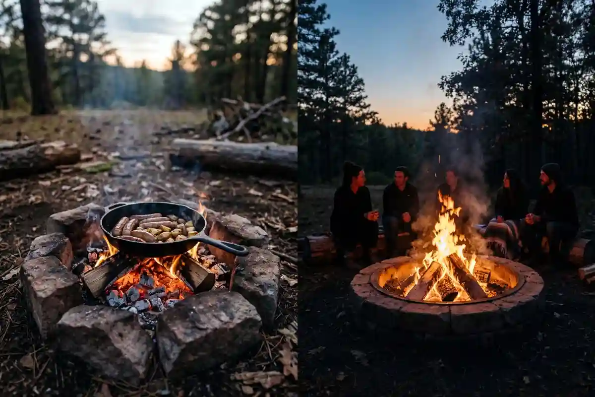 Small cooking fire next to a taller evening warming fire