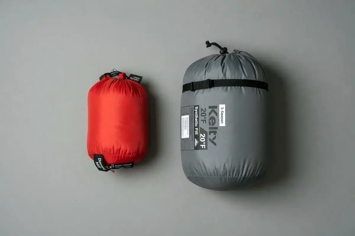 Down sleeping bag and synthetic sleeping bag packed side by side comparison