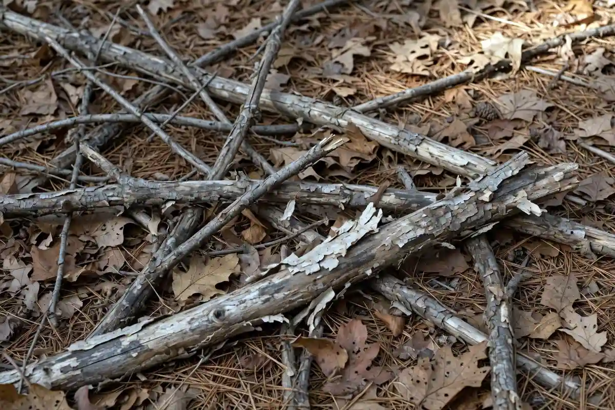 Dry fallen deadwood branches on forest floor