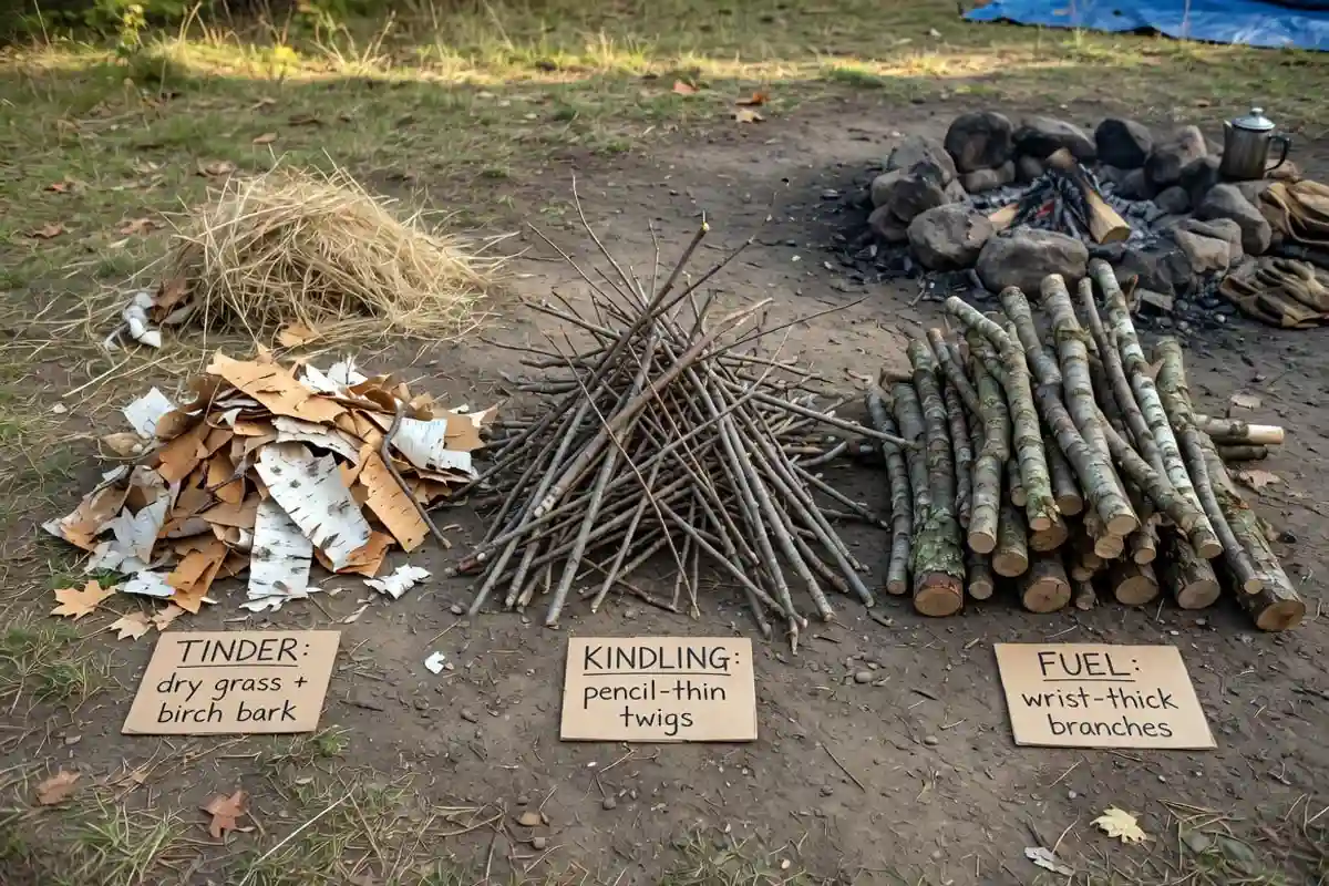 Tinder kindling and fuel wood sorted into three piles