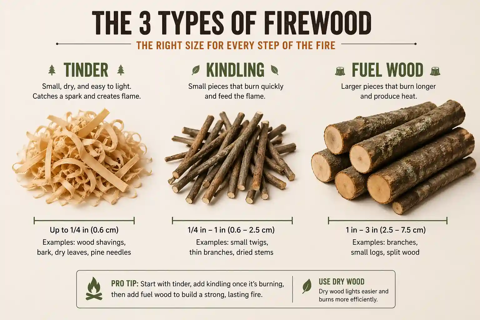 Infographic of tinder kindling and fuel wood sizes