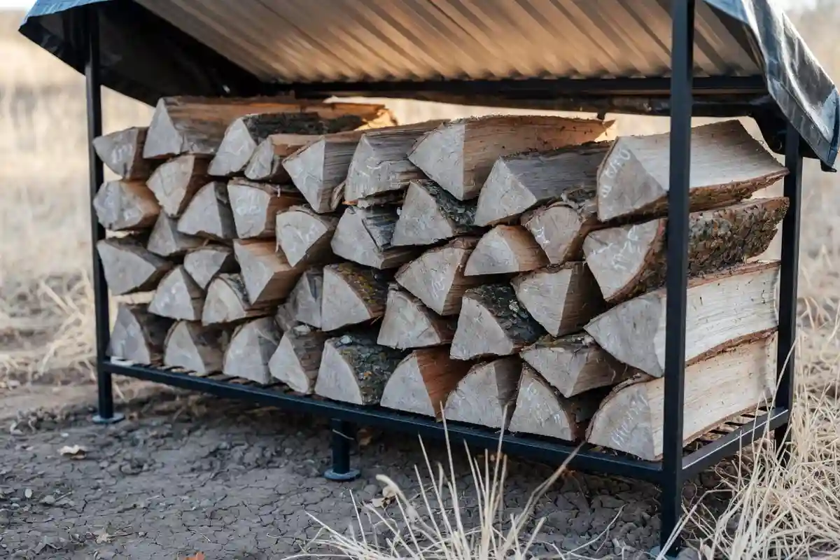 Seasoned firewood stacked on a metal rack lifted off the ground in a backyard