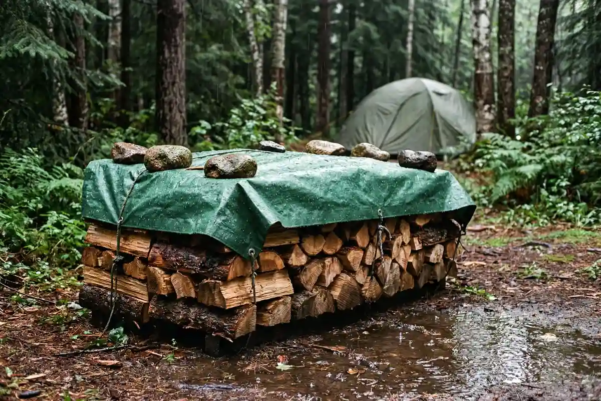 Firewood stack covered with tarp during rain at campsite