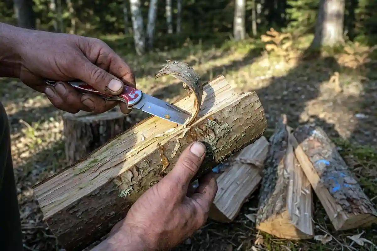 Hands inspecting a split firewood log for termite damage with a knife