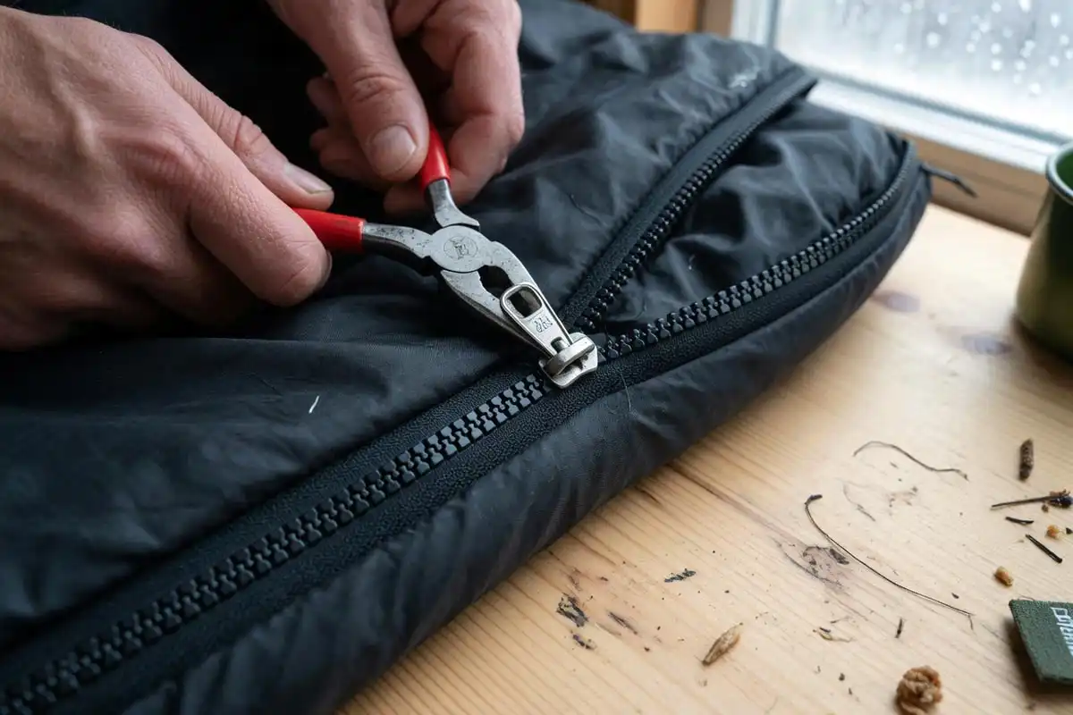 Fixing YKK zipper slider with needle-nose pliers
