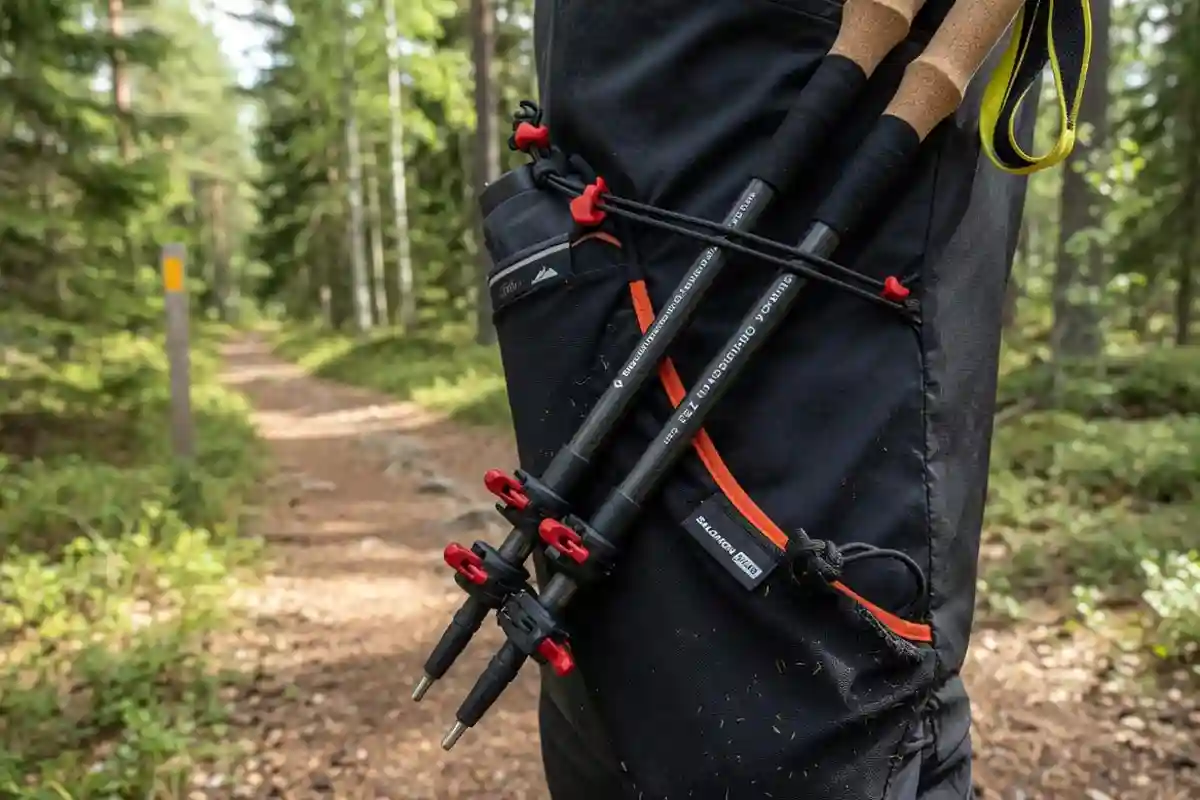 folded Z-style poles stored in a running vest pocket