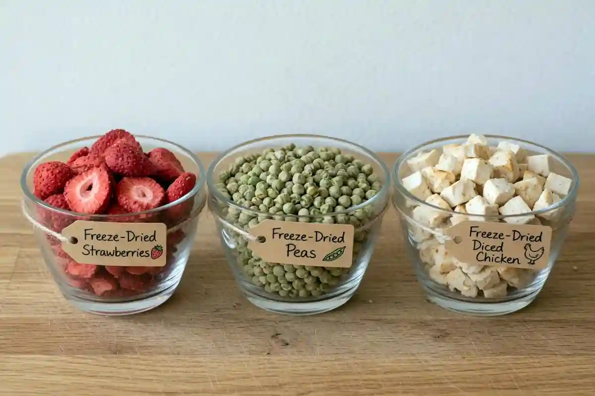 Freeze-dried fruit, vegetables, and meat in measuring bowls