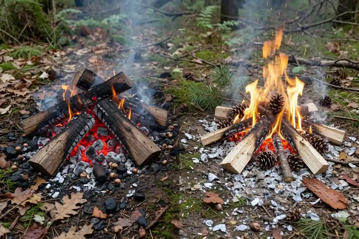 Oak hardwood and pine softwood burning side by side at camp