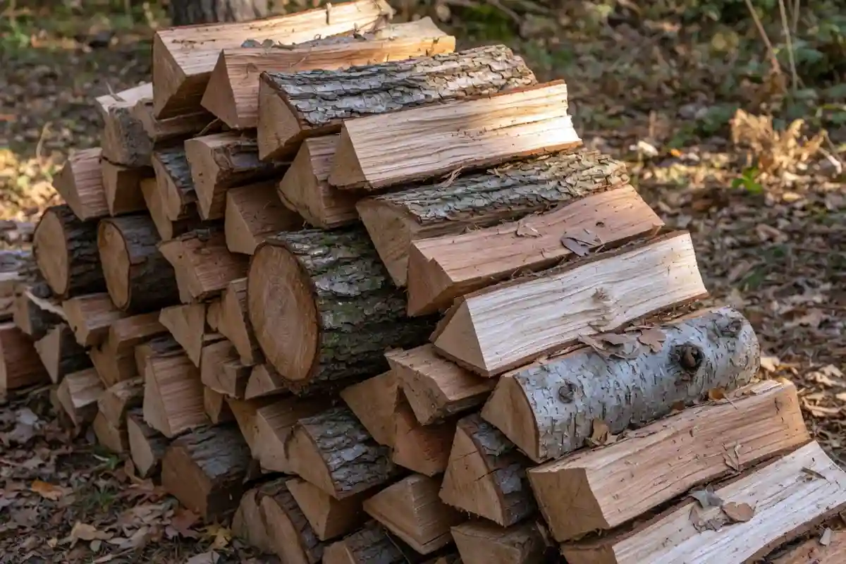 Stacked split hardwood firewood rounds showing oak hickory and ash bark patterns