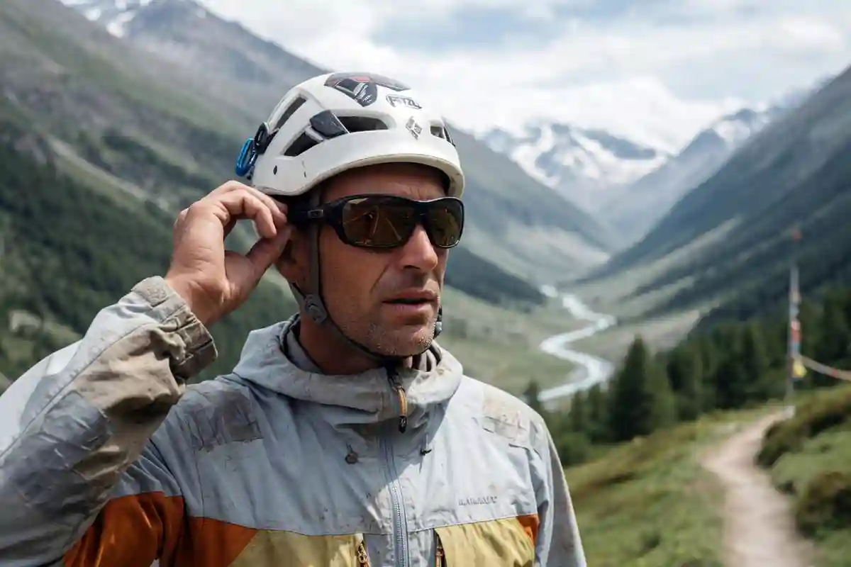 Climber wearing a helmet and mountaineering sunglasses checking fit
