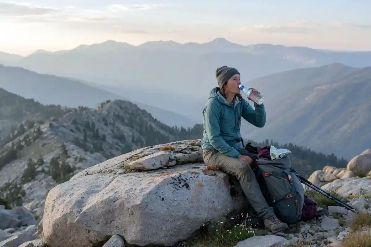 Hiker resting at a high altitude overlook with a wide mountain view