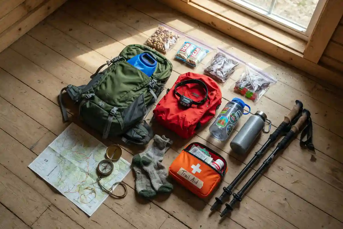 Hiking gear laid out on the ground before packing a daypack