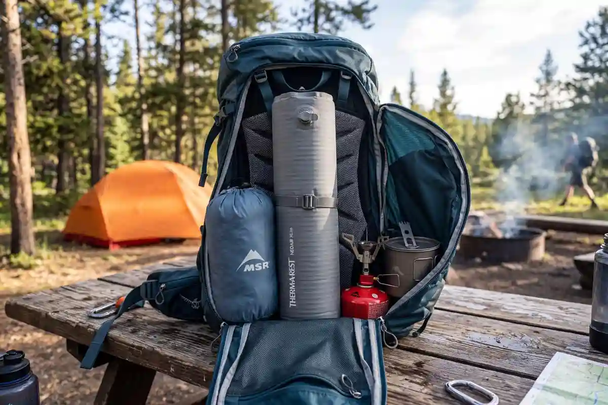 Deflated inflatable sleeping pad packed inside a backpack against the back panel