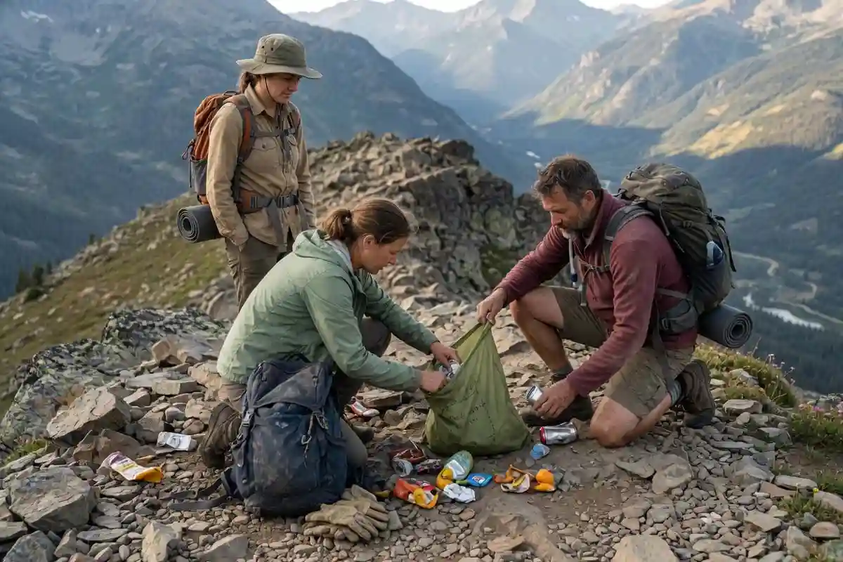 Small hiking group packing out trash on a ridge