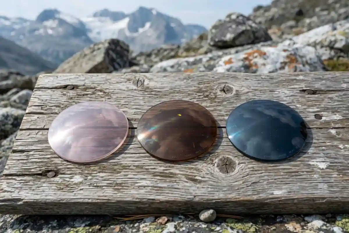 Three sunglass lenses showing different tint darkness levels on a mountain background