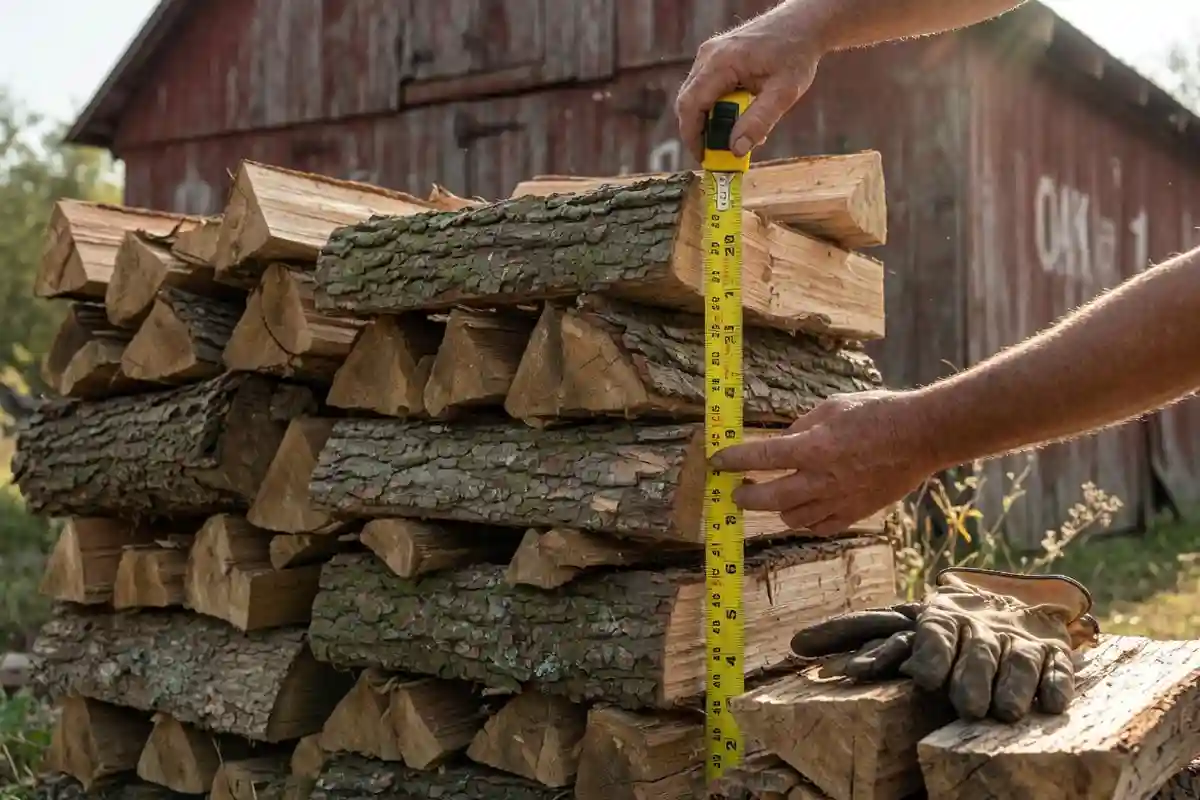 Person measuring a rick of firewood with a tape measure