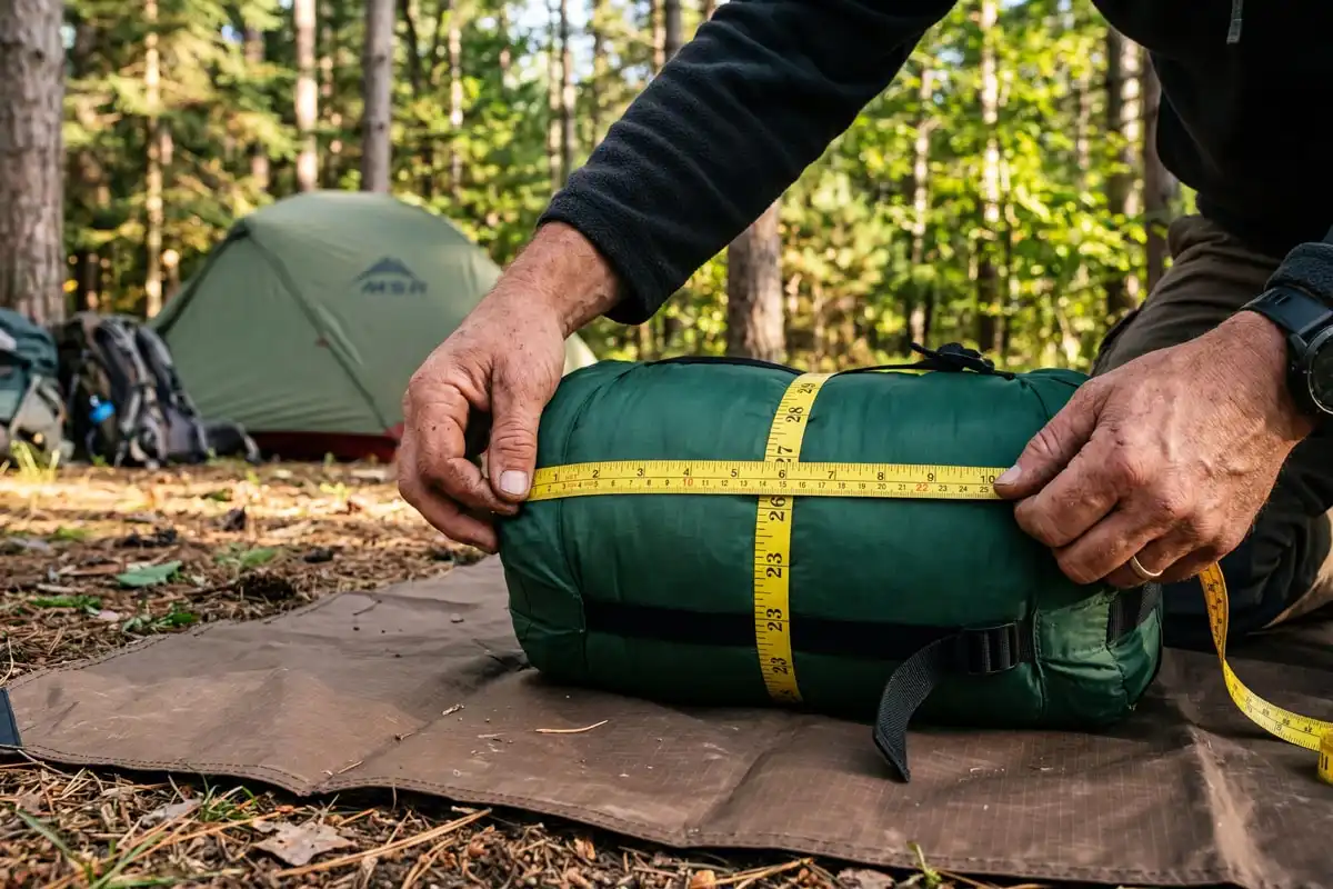 Camper measuring the circumference of a rolled sleeping bag with a flexible tape measure