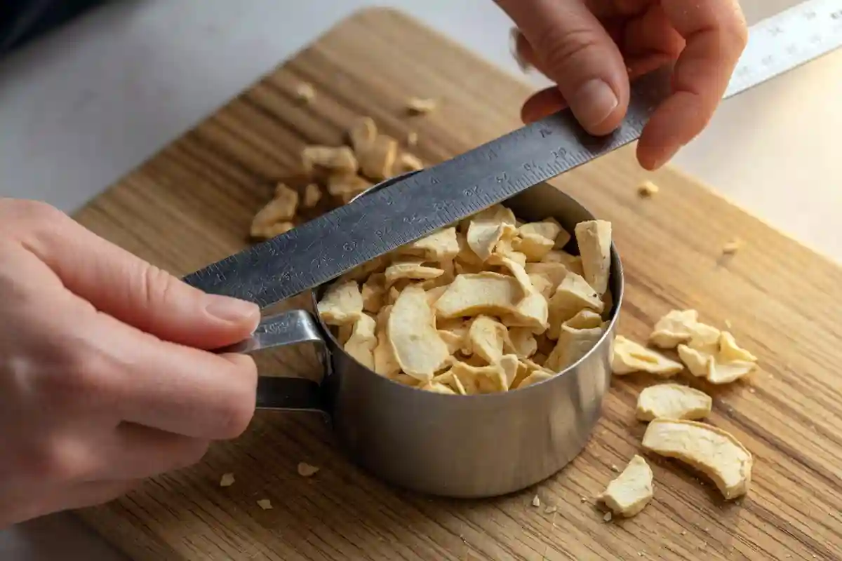 Leveling a measuring cup of freeze-dried apple slices