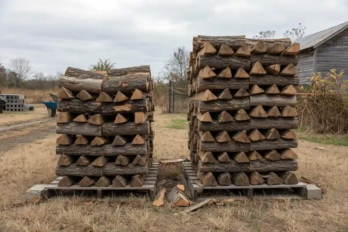 Side by side firewood stacks showing rick and full cord size