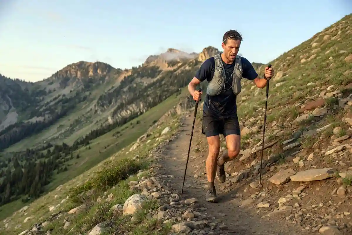 trail runner climbing steep hill with poles